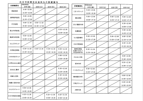 白石市医師会お盆休みの診療案内 2022